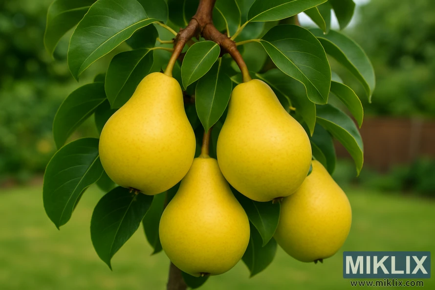 Close-up of ripe golden-yellow Bartlett pears hanging from a tree with green leaves. Close-up of ripe golden-yellow Bartlett pears hanging from a tree with green leaves.