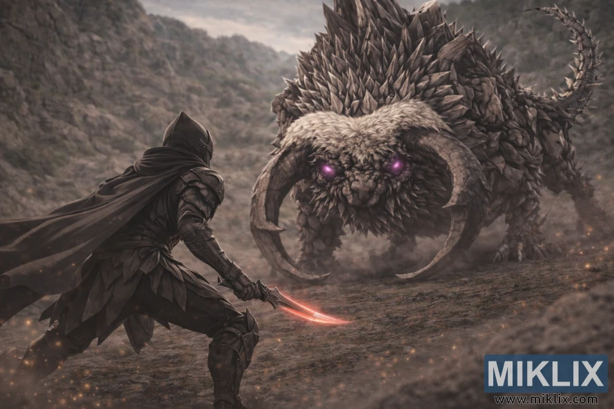 Anime-style scene of a Tarnished in Black Knife armor crouched in a combat-ready stance on the left, facing a towering Fallingstar Beast in a rocky Hinterland. Anime-style scene of a Tarnished in Black Knife armor crouched in a combat-ready stance on the left, facing a towering Fallingstar Beast in a rocky Hinterland.