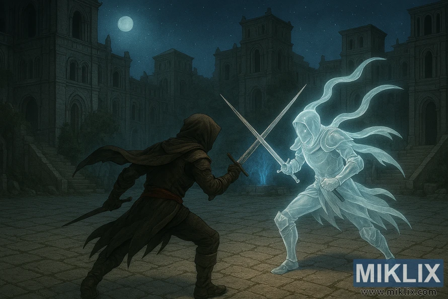 Félig realisztikus rajongói grafika a Tarnishedről, amint felülről harcol a ragyogó Mimic Tearrel a Nokron Örök Városban. Félig realisztikus rajongói grafika a Tarnishedről, amint felülről harcol a ragyogó Mimic Tearrel a Nokron Örök Városban.