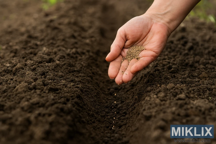 Close-up of a gardener's hand sowing arugula seeds into a freshly tilled garden trench