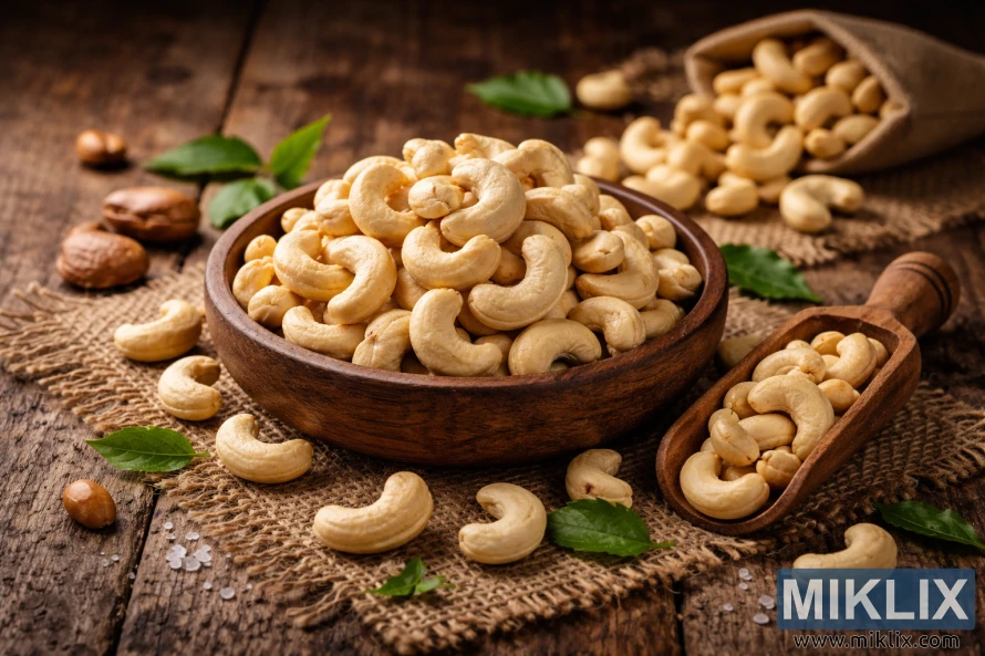 Skål med cashewnødder med en træske på et rustikt træbord med jutestof og spredte nødder.