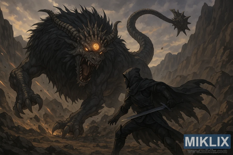 Anime-style scene of a Tarnished in Black Knife armor confronting a Full-Grown Fallingstar Beast amid the rocky cliffs of Mount Gelmir.