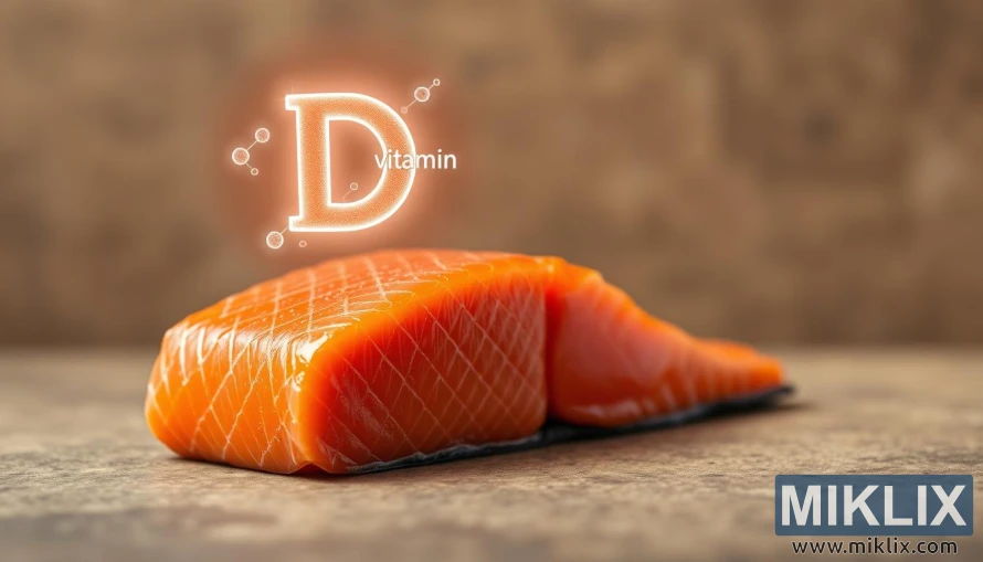 Kusa da sabon filet na salmon tare da kwayoyin bitamin D masu haske a sama da shi. Kusa da sabon filet na salmon tare da kwayoyin bitamin D masu haske a sama da shi.