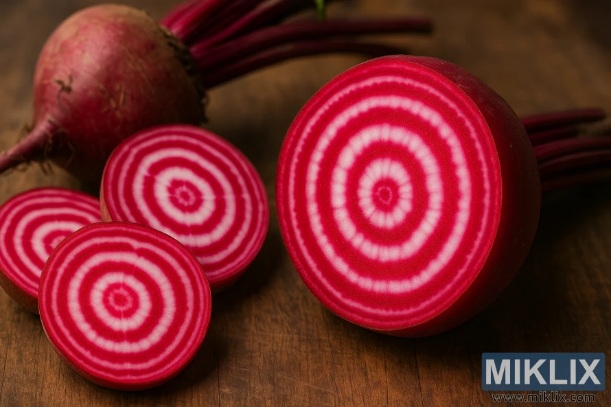 Крупний план нарізаного буряка Кьоджа з яскраво-червоними та білими концентричними кільцями на дерев'яній поверхні. Крупний план нарізаного буряка Кьоджа з яскраво-червоними та білими концентричними кільцями на дерев'яній поверхні.