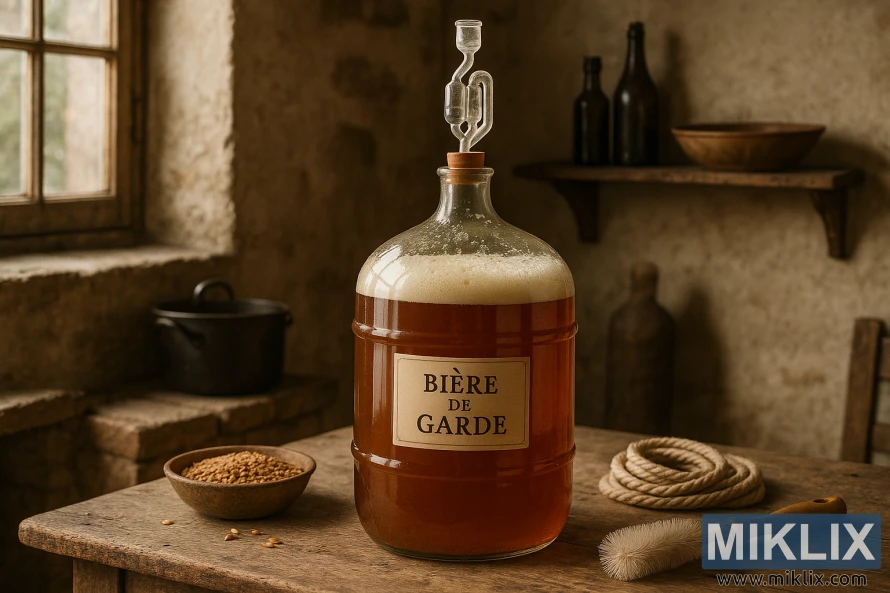 Fermentador de vidre de cervesa Bière de Garde amb escuma i resclosa d'aire sobre una taula de fusta en una sala d'elaboració casolana francesa rústica.