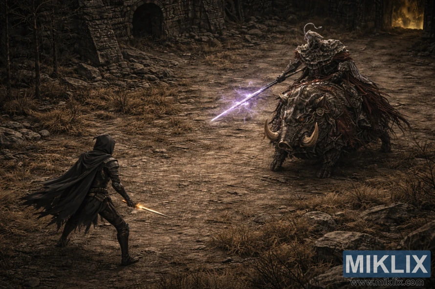 Isometric view from behind the Tarnished in Black Knife armor facing Commander Gaius mounted on an armored boar in the ruins of Scaduview before combat.