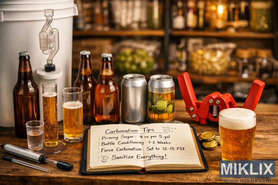 Homebrewing workspace with bottled and canned beer, carbonation notes, fermentation bucket, airlock, and bottle capper on a wooden table