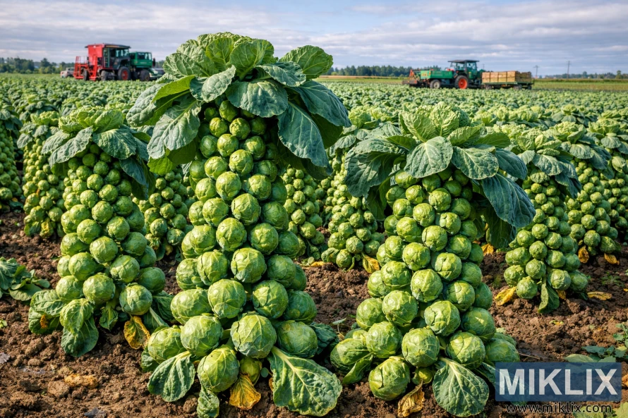 Landscape photo of a large field of mature Diablo Brussels sprouts showing dense, uniform sprouts on thick stalks under a partly cloudy sky.