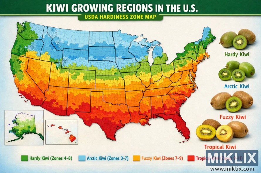 USDA hardiness zone map of the United States showing color-coded regions where hardy, arctic, fuzzy, and tropical kiwi varieties can be grown. USDA hardiness zone map of the United States showing color-coded regions where hardy, arctic, fuzzy, and tropical kiwi varieties can be grown.