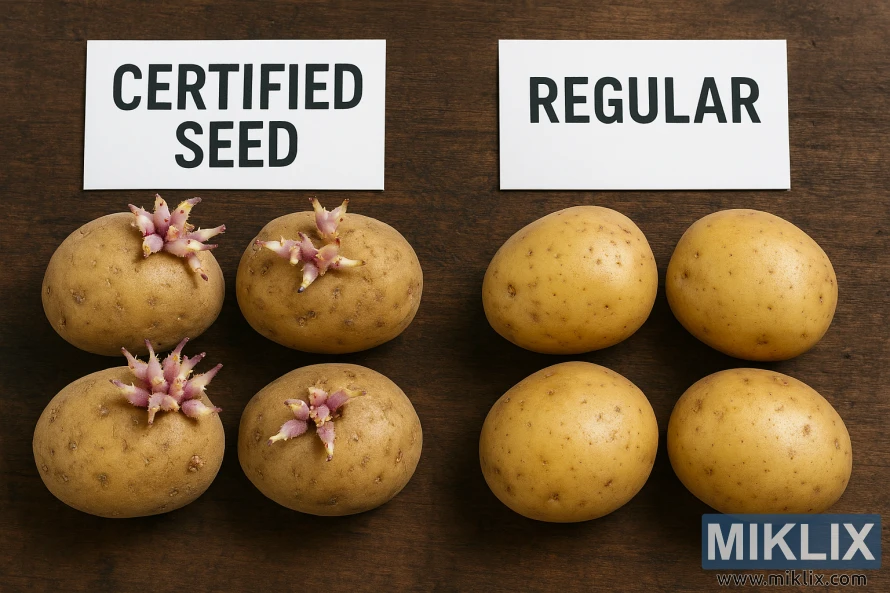 Side-by-side comparison of certified seed potatoes with sprouting eyes and regular grocery store potatoes on a wooden surface