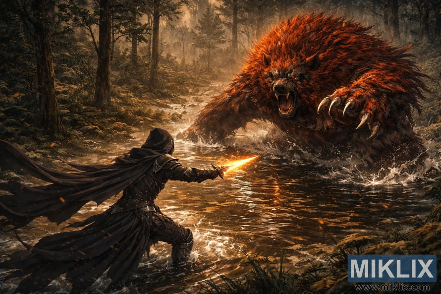 High-angle anime fan art showing the Tarnished in Black Knife armor charging through shallow water toward Ralva the Great Red Bear in the misty forests of Scadu Altus.