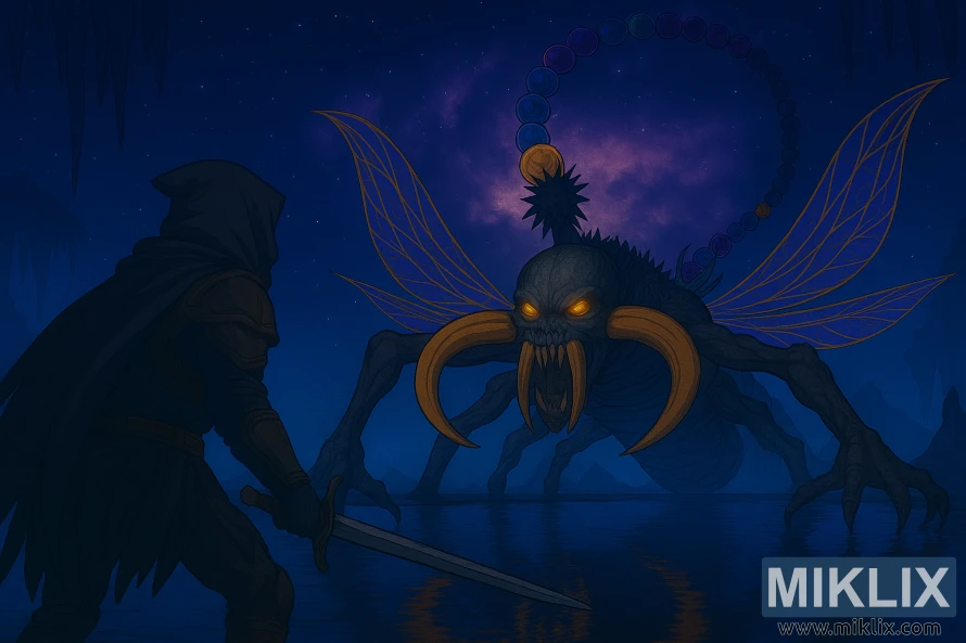 Anime stil fan art of the Tarnished suočava Astel, Naturalborn of the Void, u Elden Ring je Grand Cloister