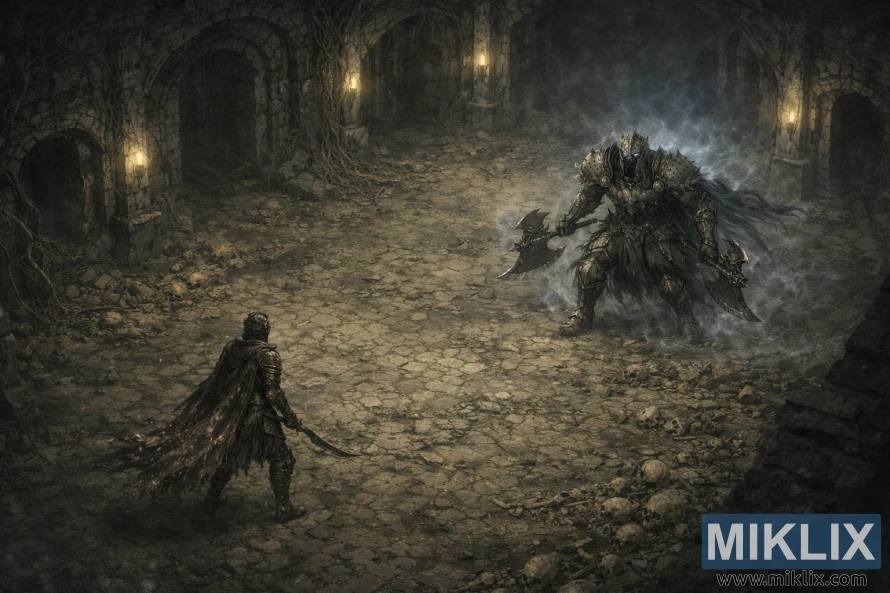 ଏକ ଧ୍ୱଂସପ୍ରାପ୍ତ କୁହୁଡ଼ିରେ ପରିପୂର୍ଣ୍ଣ କ୍ୟାଟାକମ୍ବ ଚାମ୍ବରରେ ଟାର୍ଣ୍ଣିସ୍ଡ ଏବଂ ଏକ ଡୁଆଲ୍-ଏକ୍ସ ଡେଥ୍ ନାଇଟ୍ ମୁହାଁମୁହିଁ ହେବାର ଆଇସୋମେଟ୍ରିକ୍ ଅନ୍ଧକାର-କାଳ୍ପନିକ ଦୃଶ୍ୟ।