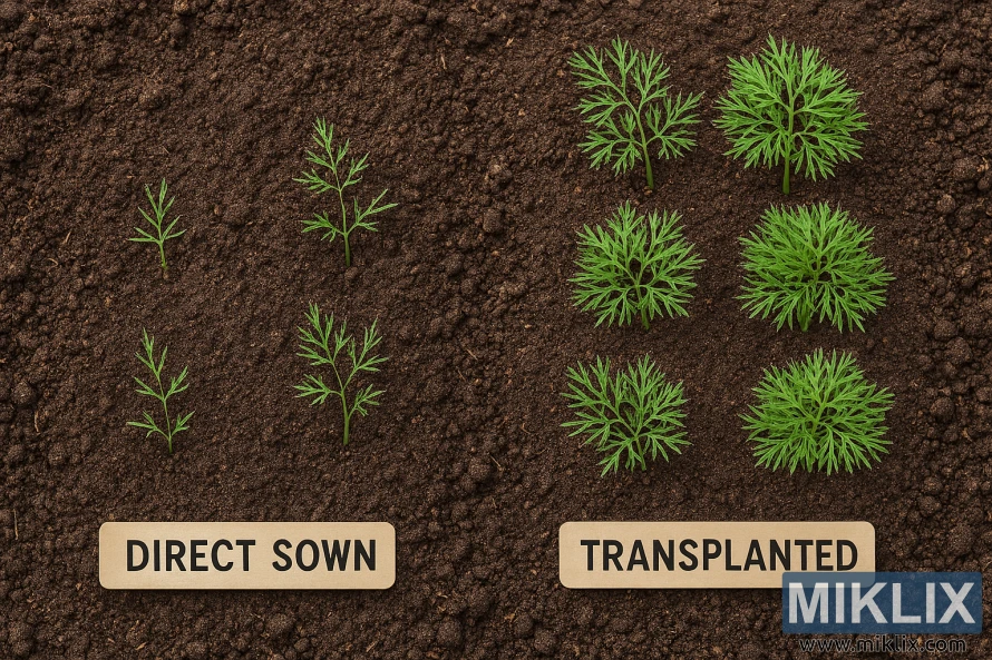 Side-by-side comparison of direct sown and transplanted dill seedlings showing growth differences in soil Side-by-side comparison of direct sown and transplanted dill seedlings showing growth differences in soil