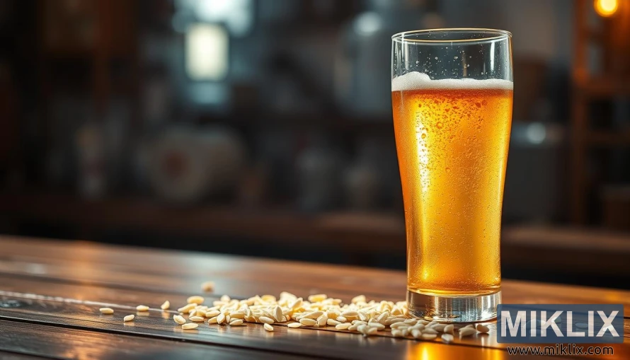 Glass gyllent øl på et trebord med spredte riskorn i varmt bryggerilys.
