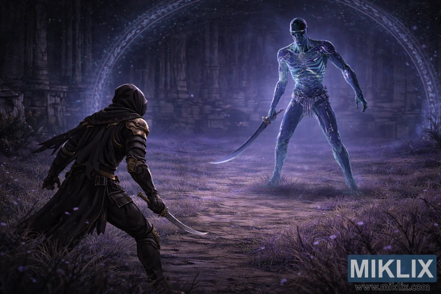 Realistische fantasy-illustratie in Elden Ring-stijl, waarop de Tarnished van achteren te zien is in een zwart mespantser, tegenover een torenhoge Onyx Lord in de Royal Grave Evergaol, vlak voor de strijd.