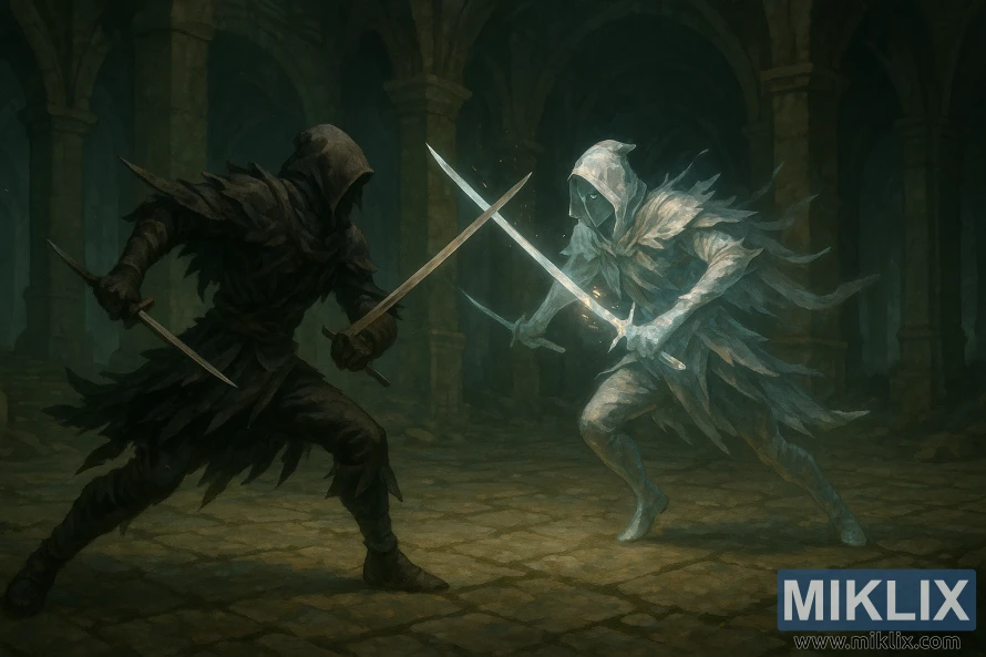 Wapiganaji wawili waliovalia visu viwili wanapigana vikali katika jumba la zamani la chini ya ardhi, mmoja akiwa amevalia vazi jeusi la Kisu Nyeusi na mwingine akiwa na fedha inayong'aa. Wapiganaji wawili waliovalia visu viwili wanapigana vikali katika jumba la zamani la chini ya ardhi, mmoja akiwa amevalia vazi jeusi la Kisu Nyeusi na mwingine akiwa na fedha inayong'aa.