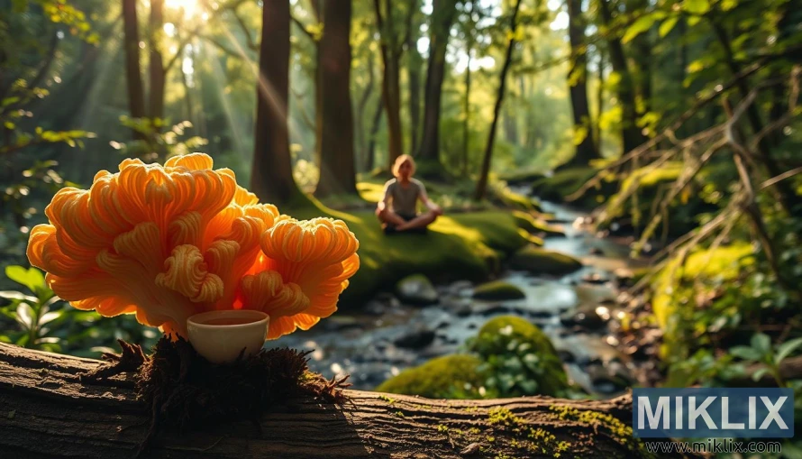 एका शांत जंगलात चहा हातात धरून ध्यान करत असलेल्या व्यक्तीसह लाकडावर सिंहाचा माने मशरूम.