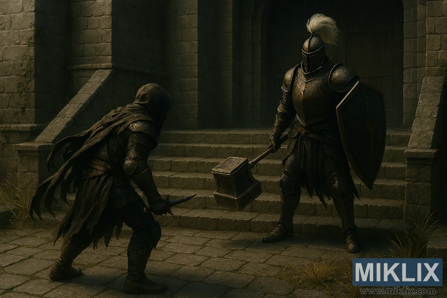 Hyper-realistic 3D image of the Tarnished confronting Black Knight Garrew on fortress steps in Elden Ring