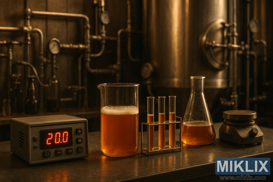 Brewing laboratory with digital temperature control, beakers, and test tubes beside stainless steel tanks under warm, diffused light. Brewing laboratory with digital temperature control, beakers, and test tubes beside stainless steel tanks under warm, diffused light.