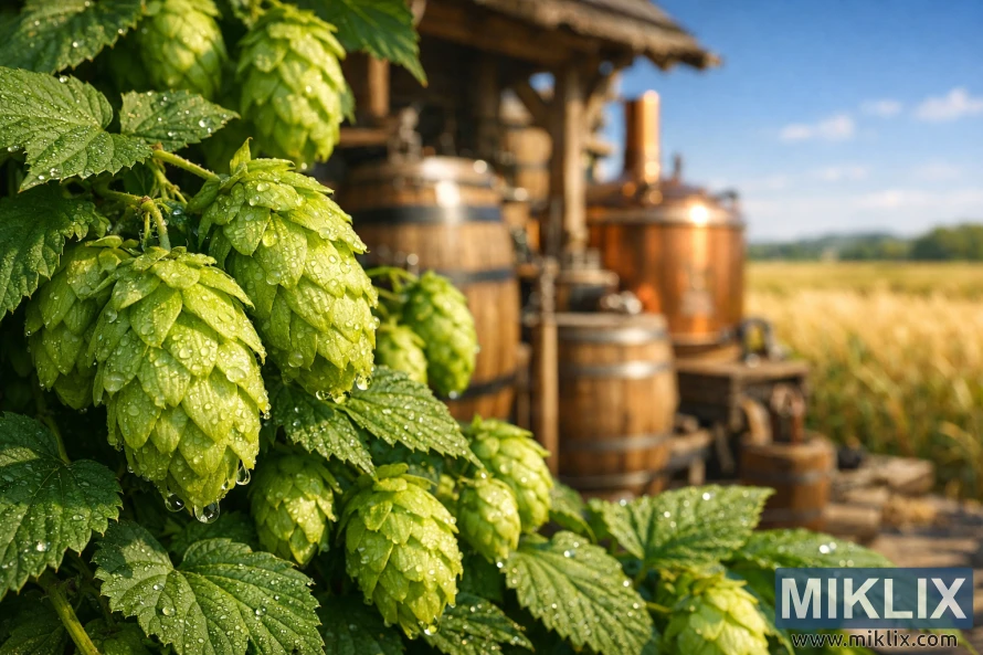 Close-up of fresh green Herkules hop cones with dew, framed by leafy vines, with a rustic brewery and sunlit field softly blurred in the background.
