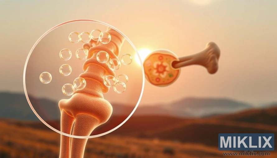 Illustration of bone structure reinforced by hyaluronic acid molecules as translucent spheres. Illustration of bone structure reinforced by hyaluronic acid molecules as translucent spheres.