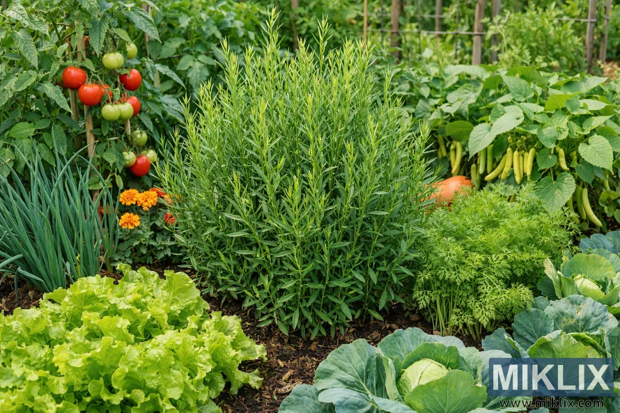 A companion planting garden bed with tarragon growing alongside tomatoes, lettuce, cabbage, beans, onions, and marigolds.