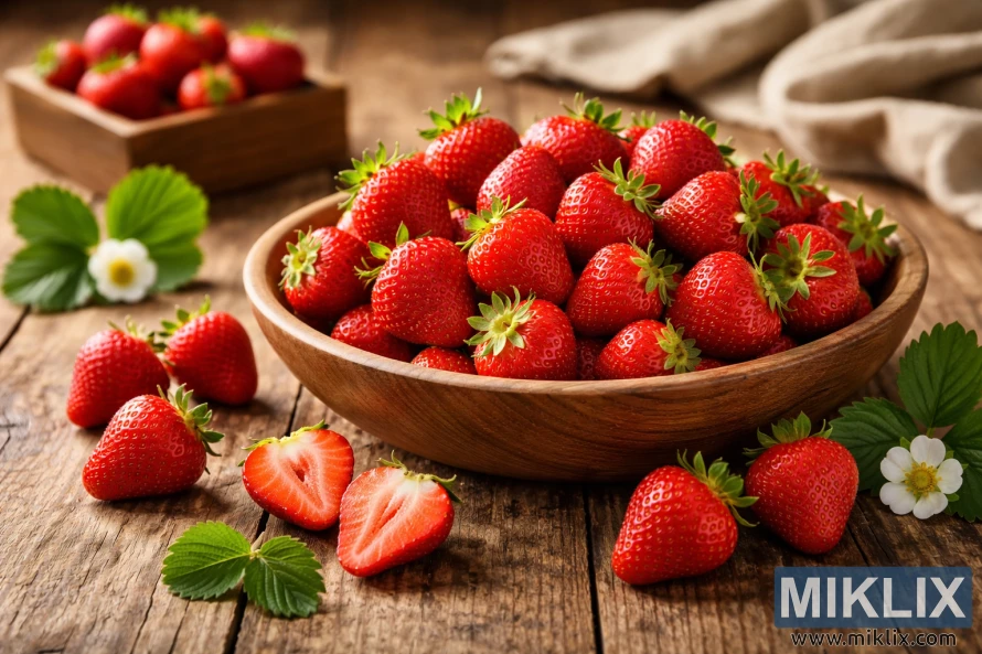 Bol cu căpșuni roșii coapte cu frunze și flori pe o masă rustică din lemn, în lumină naturală caldă.