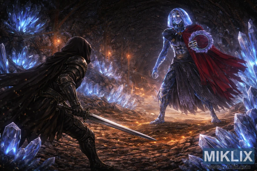 Arte de fã de Elden Ring em estilo fantasia sombria, mostrando o Tarnished de costas, empunhando uma espada e encarando um imponente chefe Crystaliano dentro do realista Túnel de Cristal Raya Lucaria, repleto de cristais.