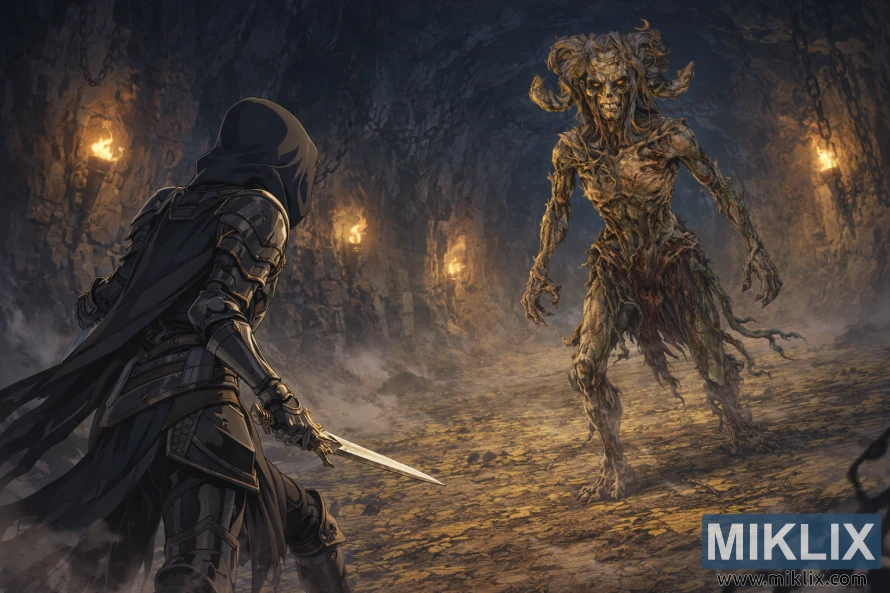 Anime-stil fan art av Tarnished in Black Knife-rustningen som møter Lamenter-sjefen inne i Lamenters fengsel, øyeblikk før kampene begynner.