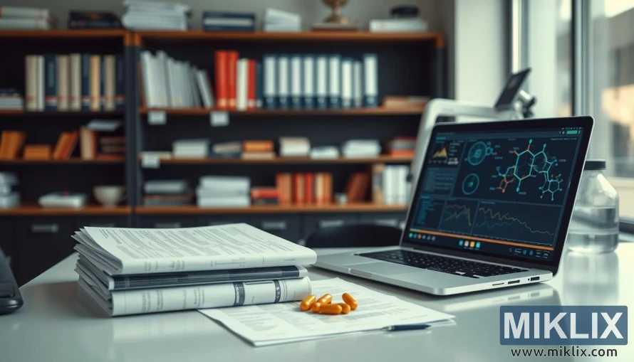 Kutatóasztal naplókkal, glükózamin molekulákat mutató laptoppal és laboratóriumi felszereléssel a háttérben.