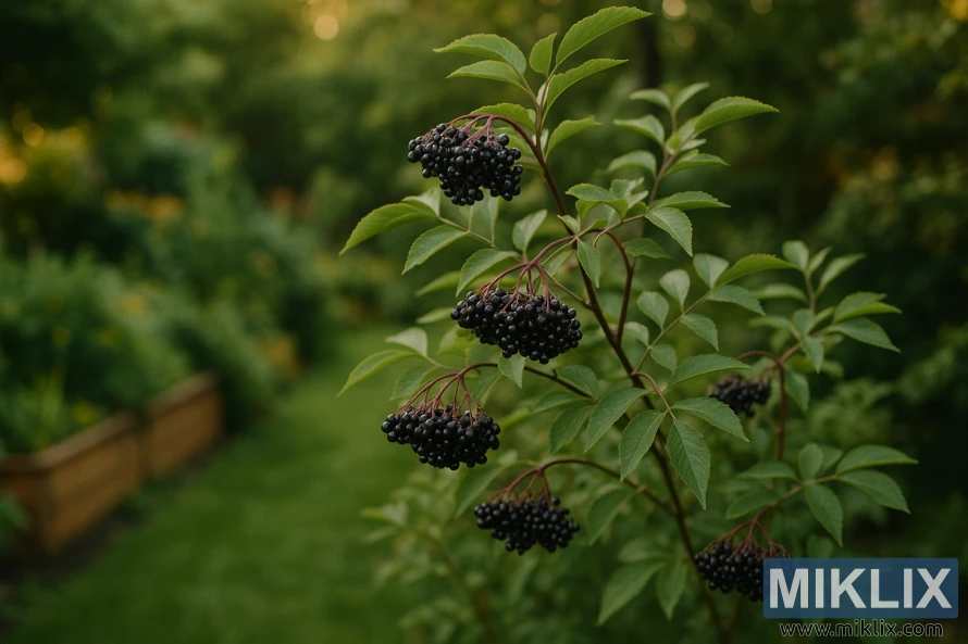 Пышное растение американской бузины с гроздьями спелых темно-фиолетовых ягод в тихом уголке сада во время золотого часа. Пышное растение американской бузины с гроздьями спелых темно-фиолетовых ягод в тихом уголке сада во время золотого часа.