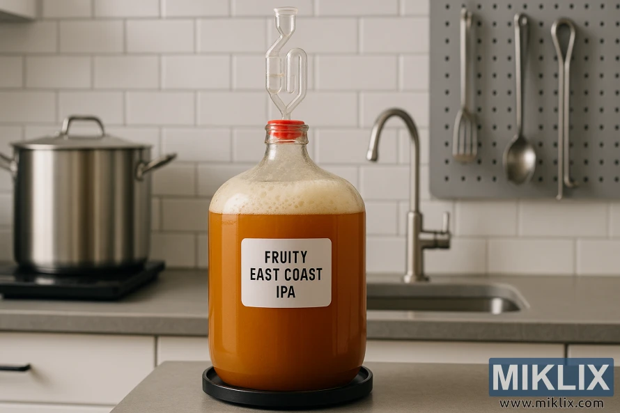 A glass carboy filled with a hazy East Coast IPA fermenting on a modern kitchen counter with brewing equipment in the background.