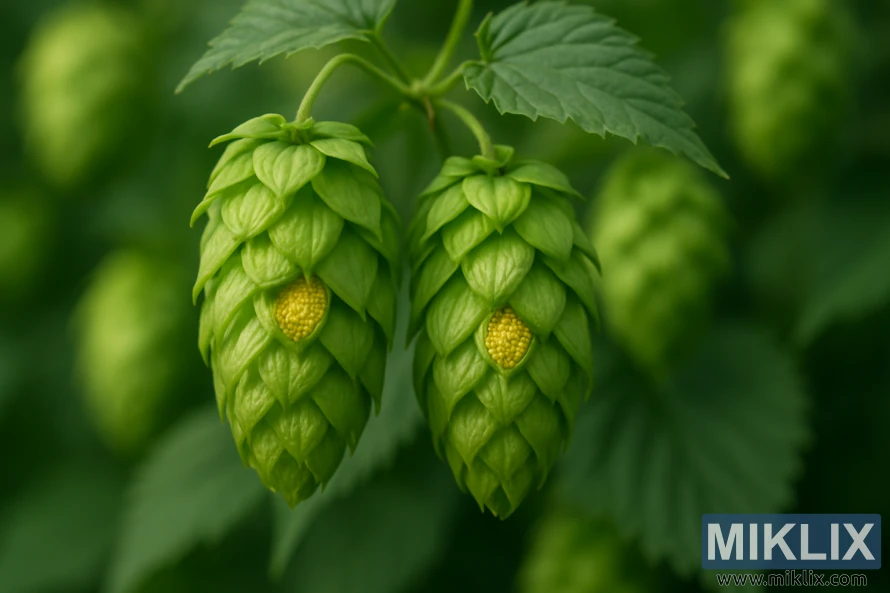 Close-up of two vibrant Amallia hop cones with golden lupulin. Close-up of two vibrant Amallia hop cones with golden lupulin.