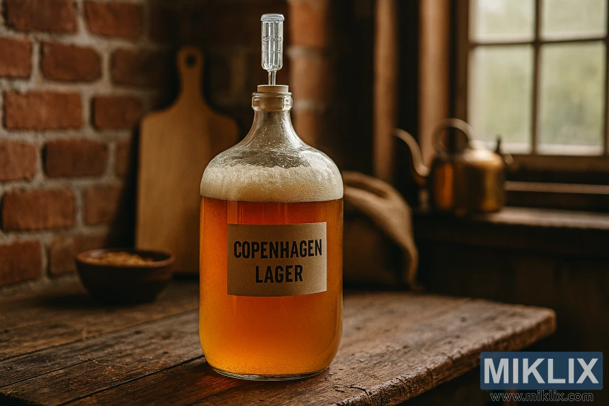 Glass carboy of Copenhagen Lager fermenting on a rustic wooden table in a Danish homebrew setting