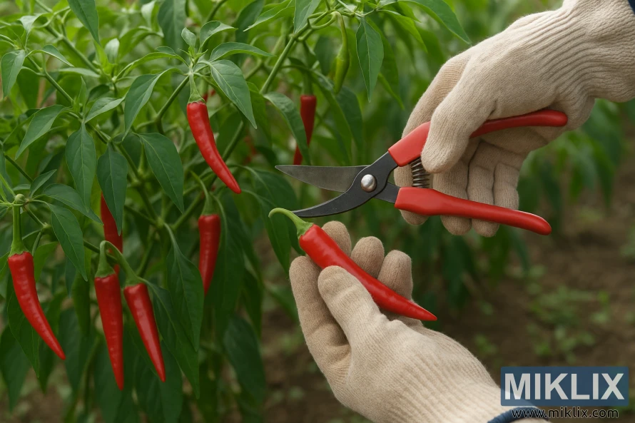 Trädgårdsmästare med handskar som skördar mogna röda chilipeppar med beskärningssax. Trädgårdsmästare med handskar som skördar mogna röda chilipeppar med beskärningssax.
