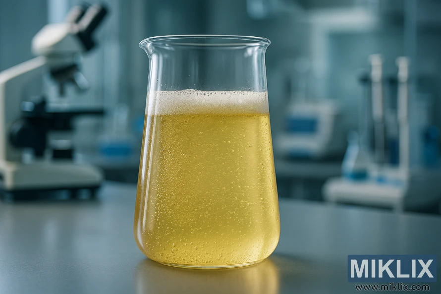 Լաբորատոր սեղանի վրա դրված թափանցիկ ապակե բաժակ՝ լցված գունատ, խմորման փուլում գտնվող գարեջրի նմուշով, իսկ ֆոնին երևում են մշուշոտ գիտական սարքավորումներ։