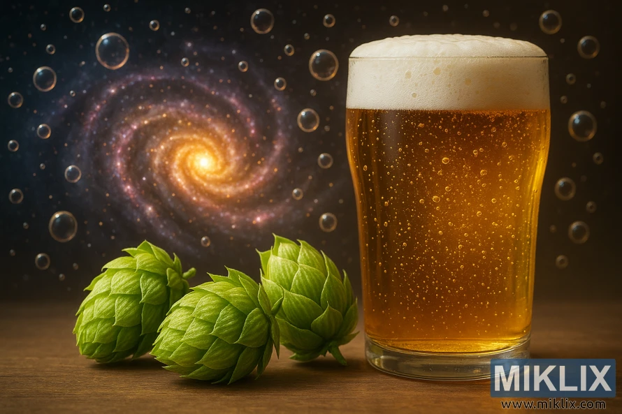 Галактический хмель с зелеными шишками рядом с золотистым пивом на светящемся космическом фоне. Галактический хмель с зелеными шишками рядом с золотистым пивом на светящемся космическом фоне.