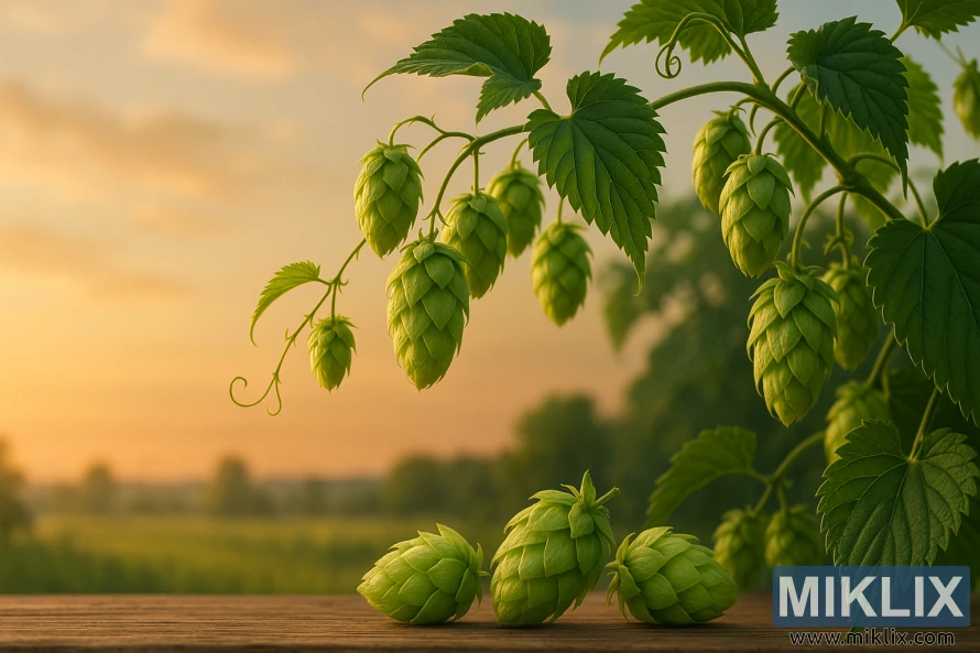 Ahil hop bine héjo subur kalayan congcot hop lengkep ngalawan langit jam emas haneut.