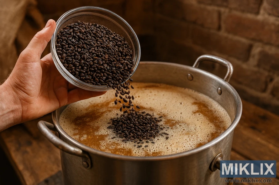 Krupni plan ponoćnog pšeničnog slada koji se ulijeva u vrući lonac za slađenje u rustikalnom okruženju domaćeg pivarstva