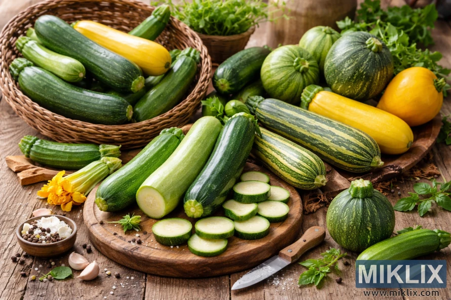 Verschiedene grüne und gelbe Zucchini, arrangiert auf einem rustikalen Holztisch mit Korb, Scheiben, Kräutern, Knoblauch und einem Küchenmesser im warmen natürlichen Licht. Verschiedene grüne und gelbe Zucchini, arrangiert auf einem rustikalen Holztisch mit Korb, Scheiben, Kräutern, Knoblauch und einem Küchenmesser im warmen natürlichen Licht.
