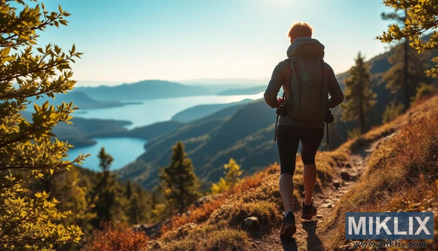 Silhueta pohodnika na sončni gorski poti z valovitimi hribi, vrhovi in spokojnim jezerom.
