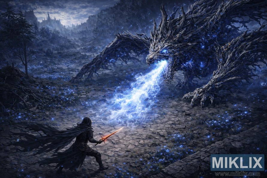 Landscape isometric anime-style view of a massive Ghostflame Dragon dwarfing the Tarnished, who wields a glowing sword on the ruined Moorth Highway in Elden Ring: Shadow of the Erdtree.