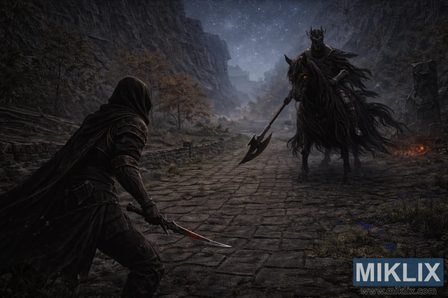 Fan art sombria e semi-realista de Elden Ring mostrando o Maculado à esquerda frente a uma imponente Cavalaria da Noite na Estrada Bellum, com uma vista ampla de penhascos, névoa e um céu estrelado.