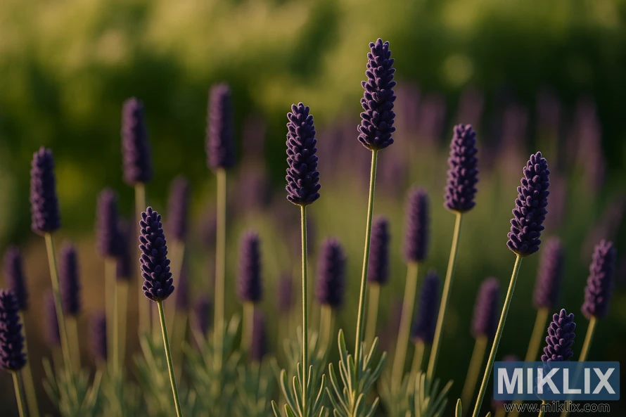 Detaljeret nærbillede af Grosso hybrid lavendel med mørkelilla blomsteraks på høje, slanke stængler i en solbeskinnet have. Detaljeret nærbillede af Grosso hybrid lavendel med mørkelilla blomsteraks på høje, slanke stængler i en solbeskinnet have.