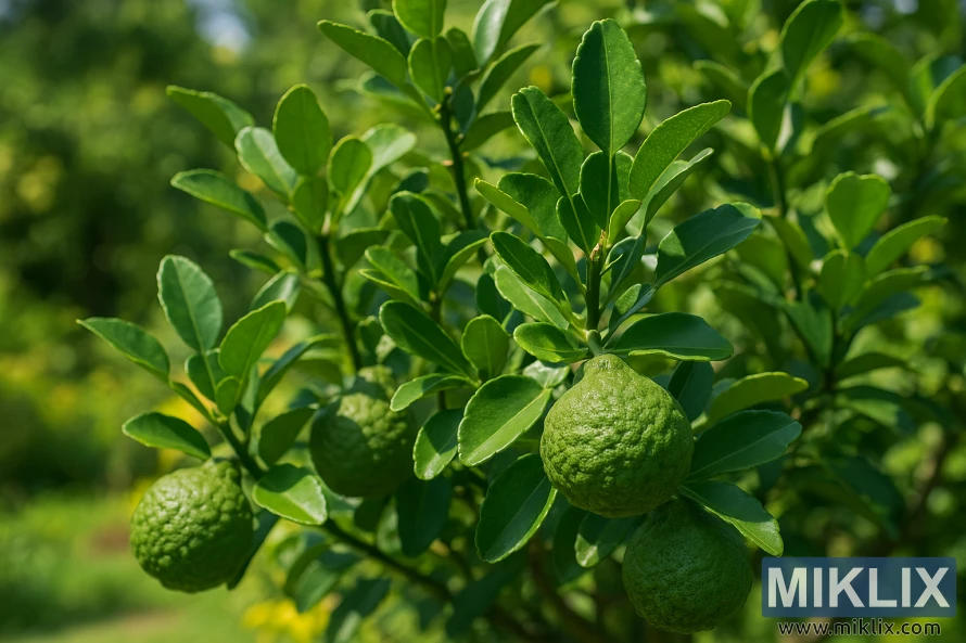 Healthy Kaffir lime tree with ripening fruit and glossy leaves in a sunlit garden