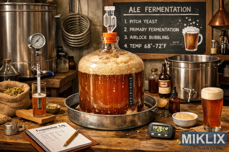 Detali gintaro spalvos alaus, fermentuojančio stikliniame butelyje, apsupto naminio alaus virimo įrangos šiltoje, kaimiškoje darbo vietoje, iliustracija.