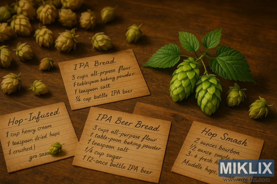 Rustic wooden table with Dana hop cones, dried hops, and handwritten recipe cards under warm natural lighting. Rustic wooden table with Dana hop cones, dried hops, and handwritten recipe cards under warm natural lighting.