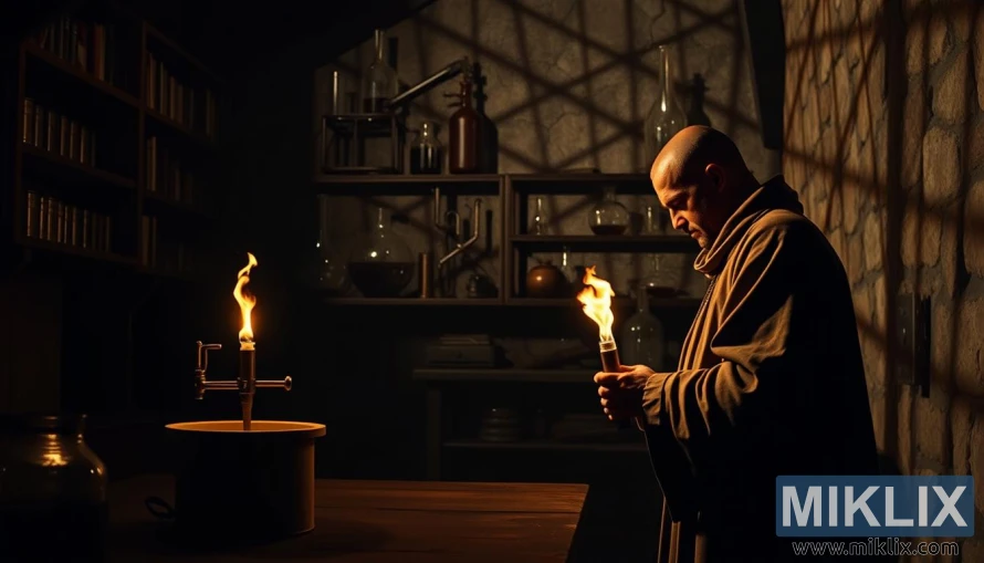 A monk in a dimly lit stone laboratory tends to a glowing flame and bubbling vessels, surrounded by shelves of glassware and alchemical tools.