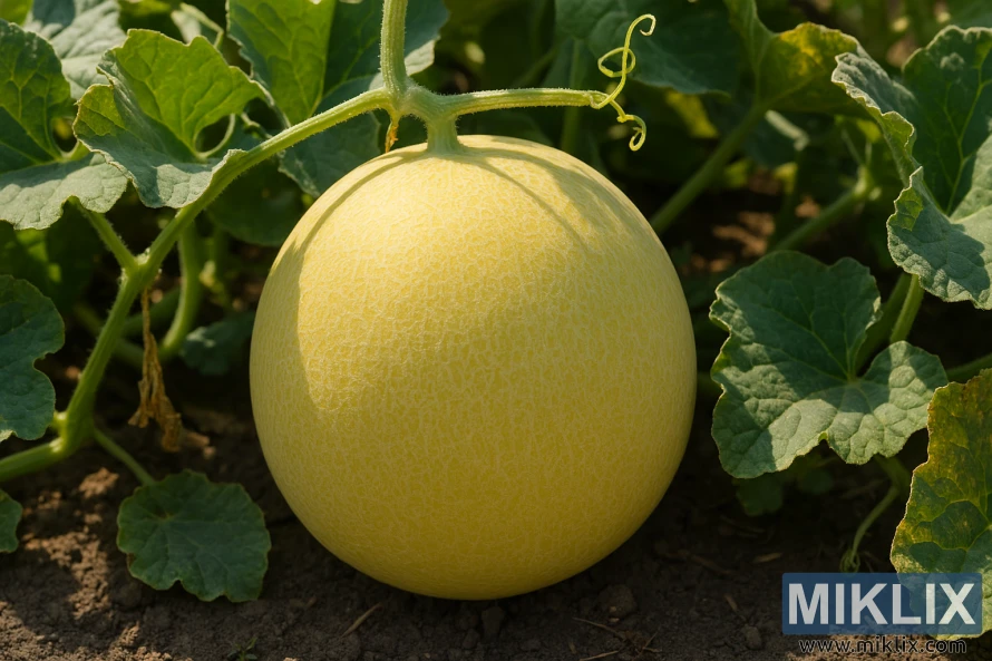 Ripe honeydew melon on the vine in a sunlit garden, surrounded by green leaves and dark soil Ripe honeydew melon on the vine in a sunlit garden, surrounded by green leaves and dark soil